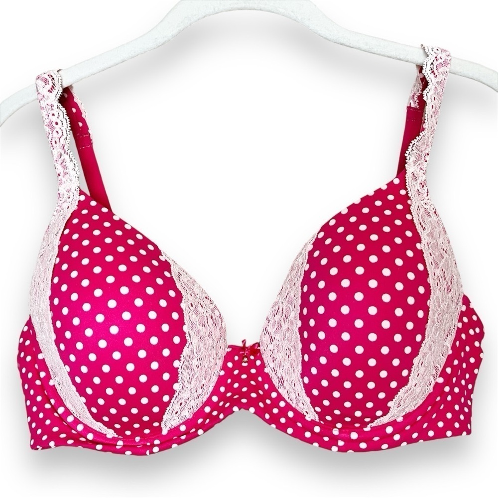 Soma Embraceable Full Coverage Lace Trim‎ Bra 34D hot pink polka dot underwire